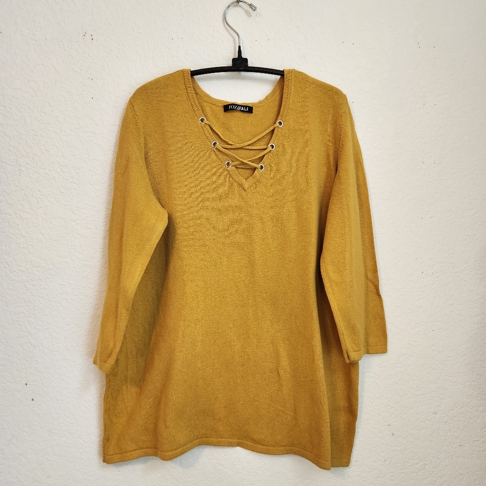 Rox & Ali Lace-Up V-Neck Long-Sleeve Golden Yellow Sweater, Size XL